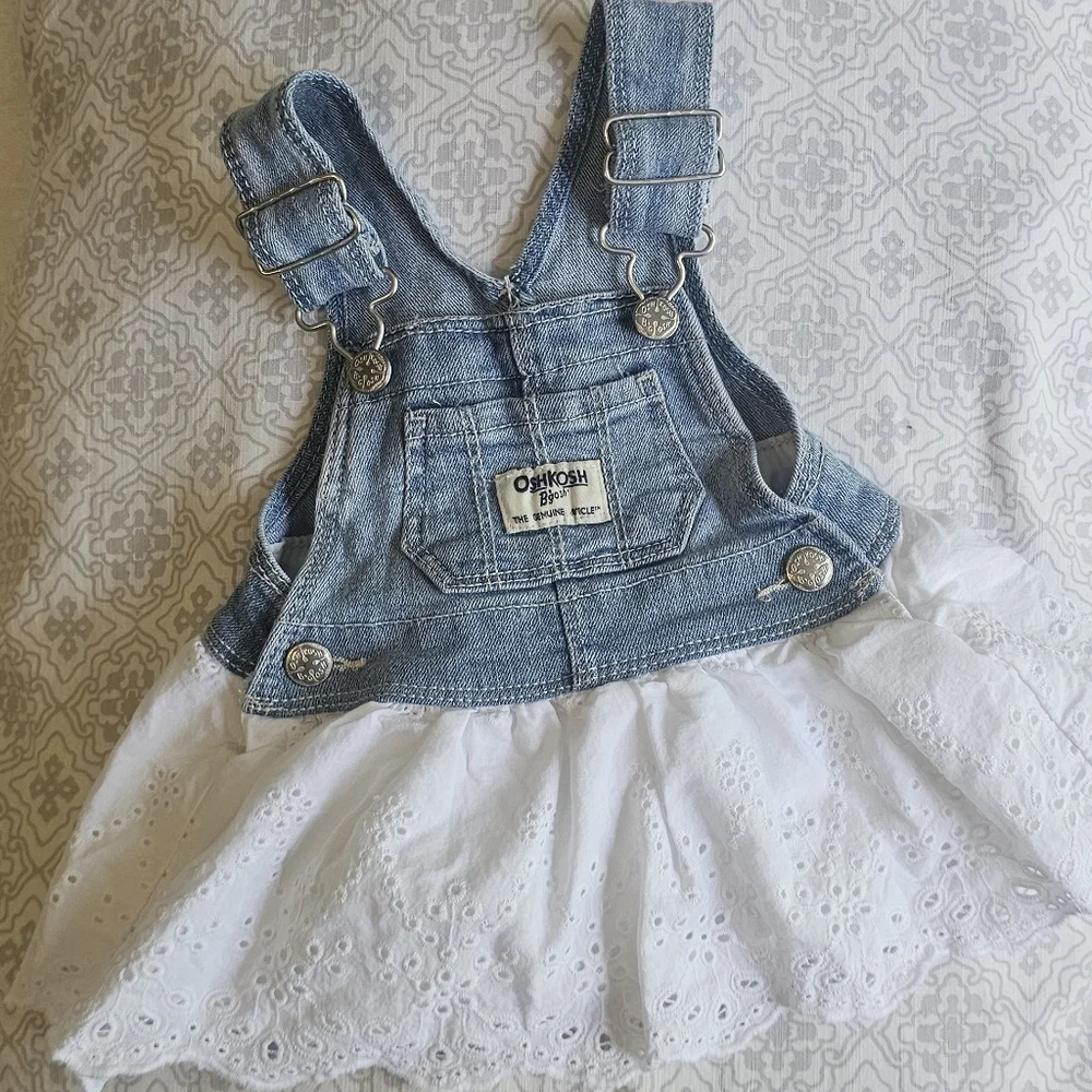 OshKosh B'gosh Blue and White Eyelet Overall Dress 3M